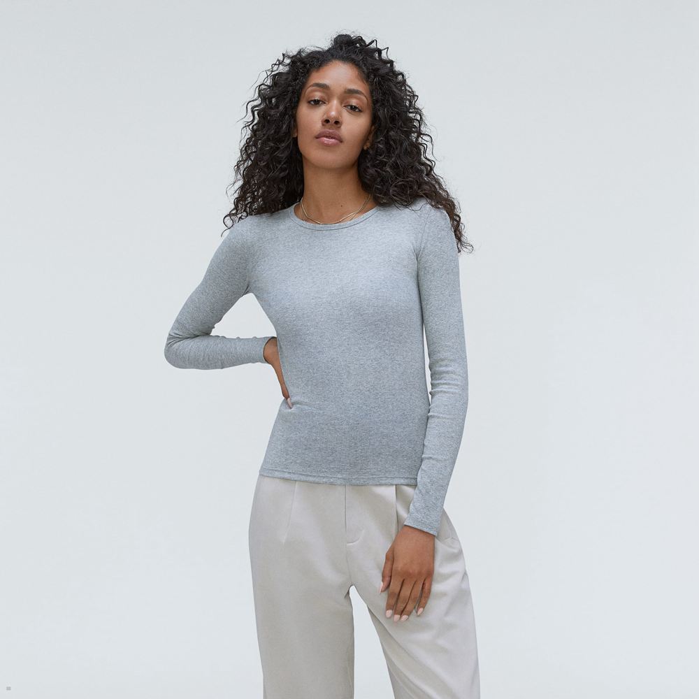 Hauts Everlane The Pima Micro-Rib Long-Sleeve Crew Grise Femme | OHU-36917687