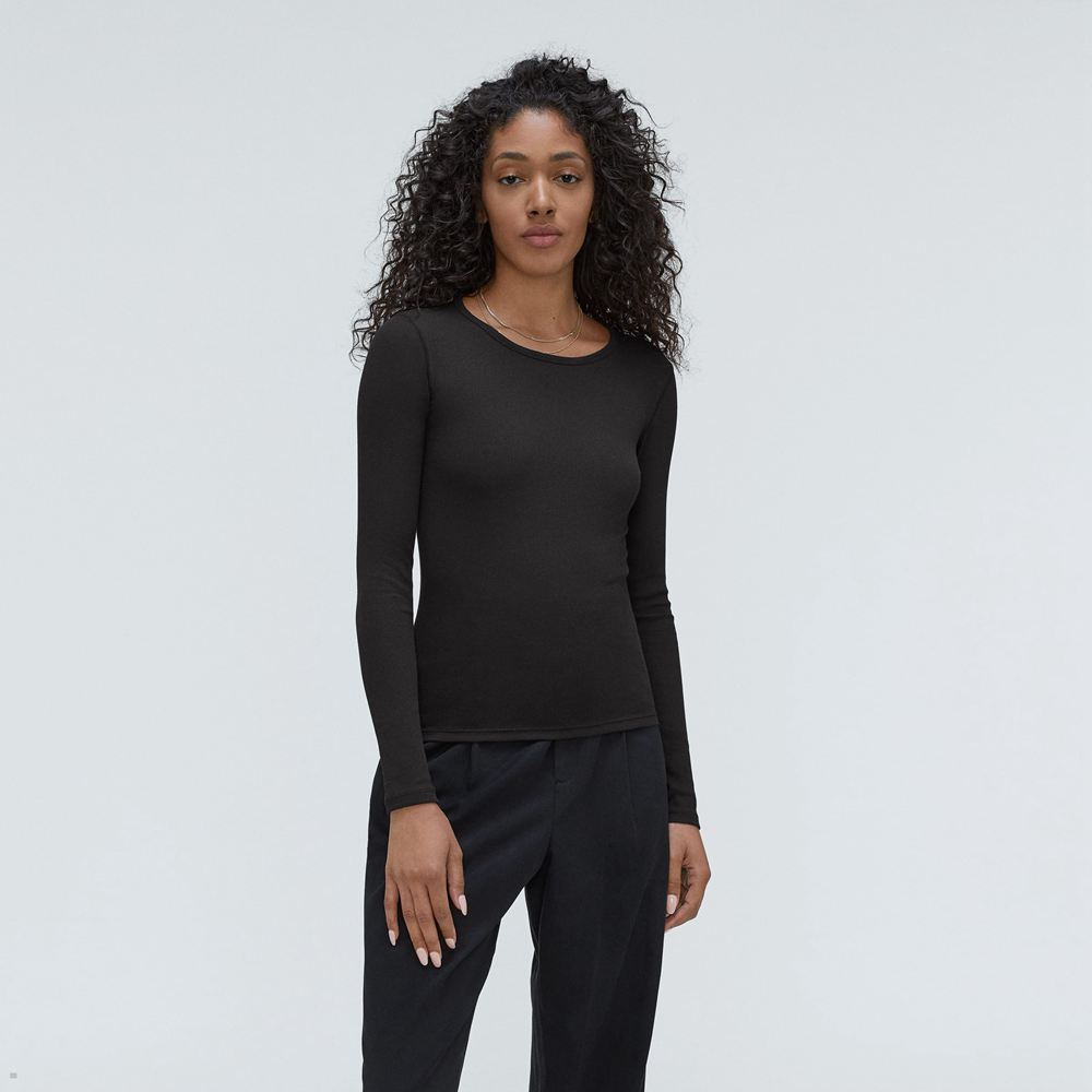 Hauts Everlane The Pima Micro-Rib Long-Sleeve Crew Noir Femme | XOY-50263778