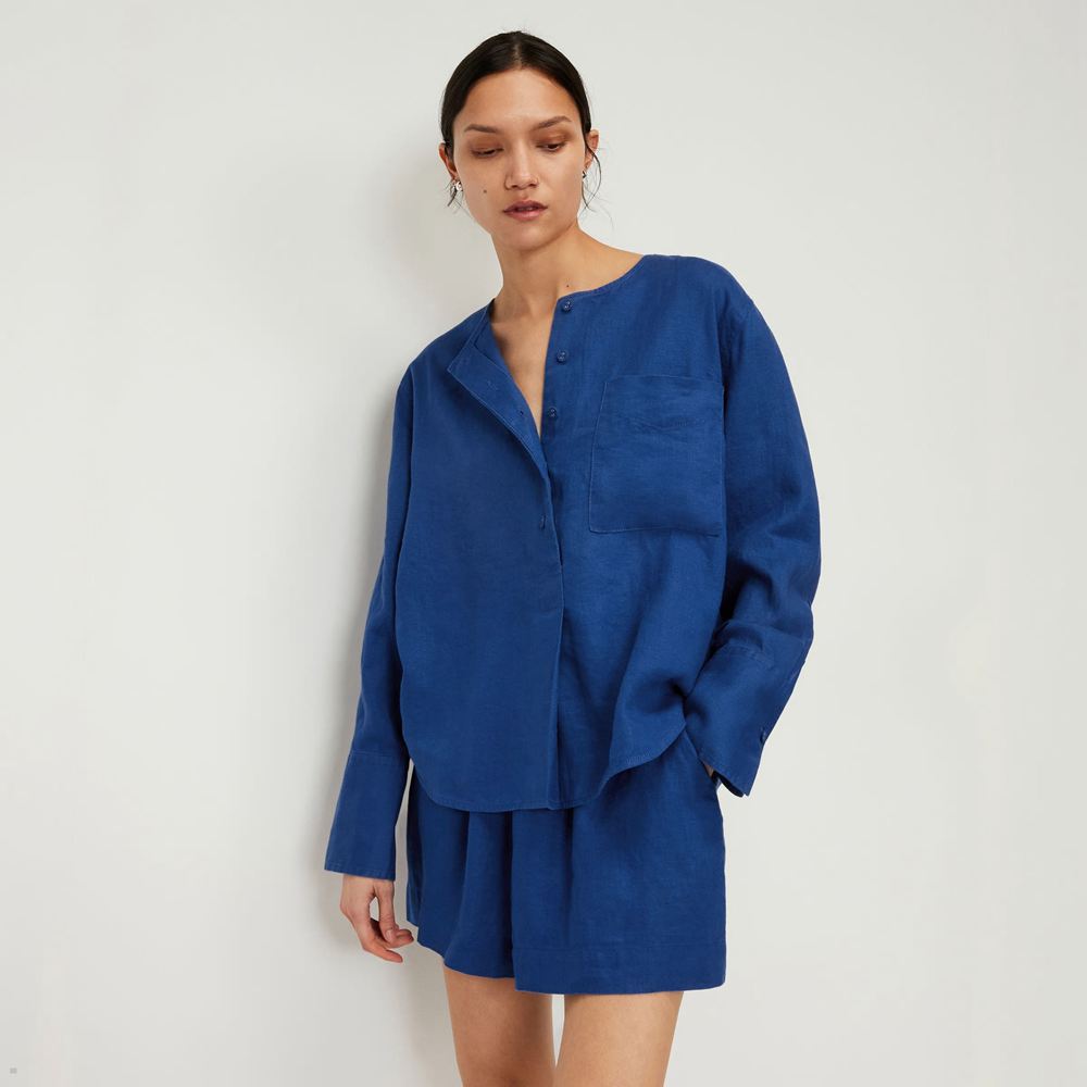 Hauts Everlane The Linen Popover Bleu Femme | TBG-77821688