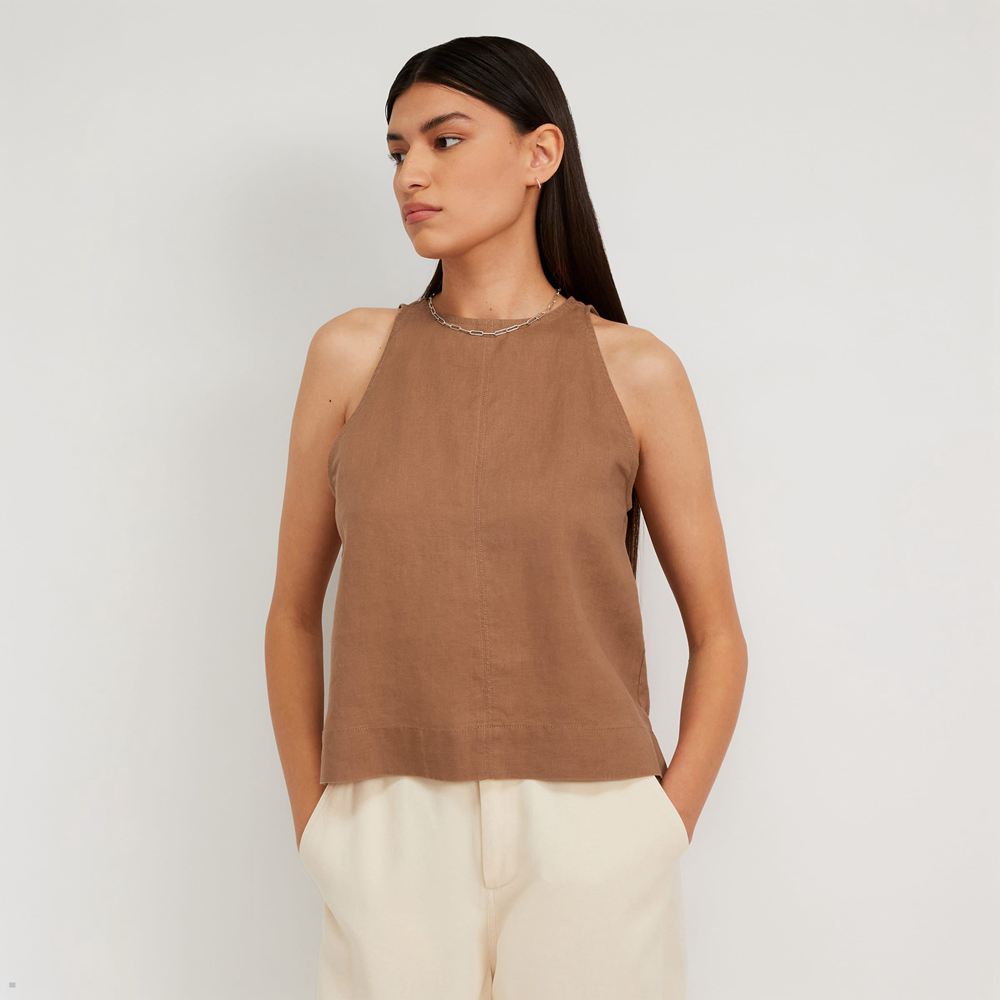 Debardeur Everlane The Linen High-Neck Marron Femme | EKT-60638869