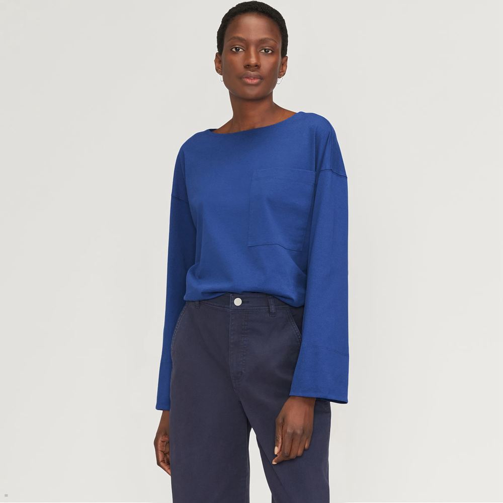 T Shirts Everlane The Premium Weight Oversized Pocket Bleu Femme | CJB-08112124