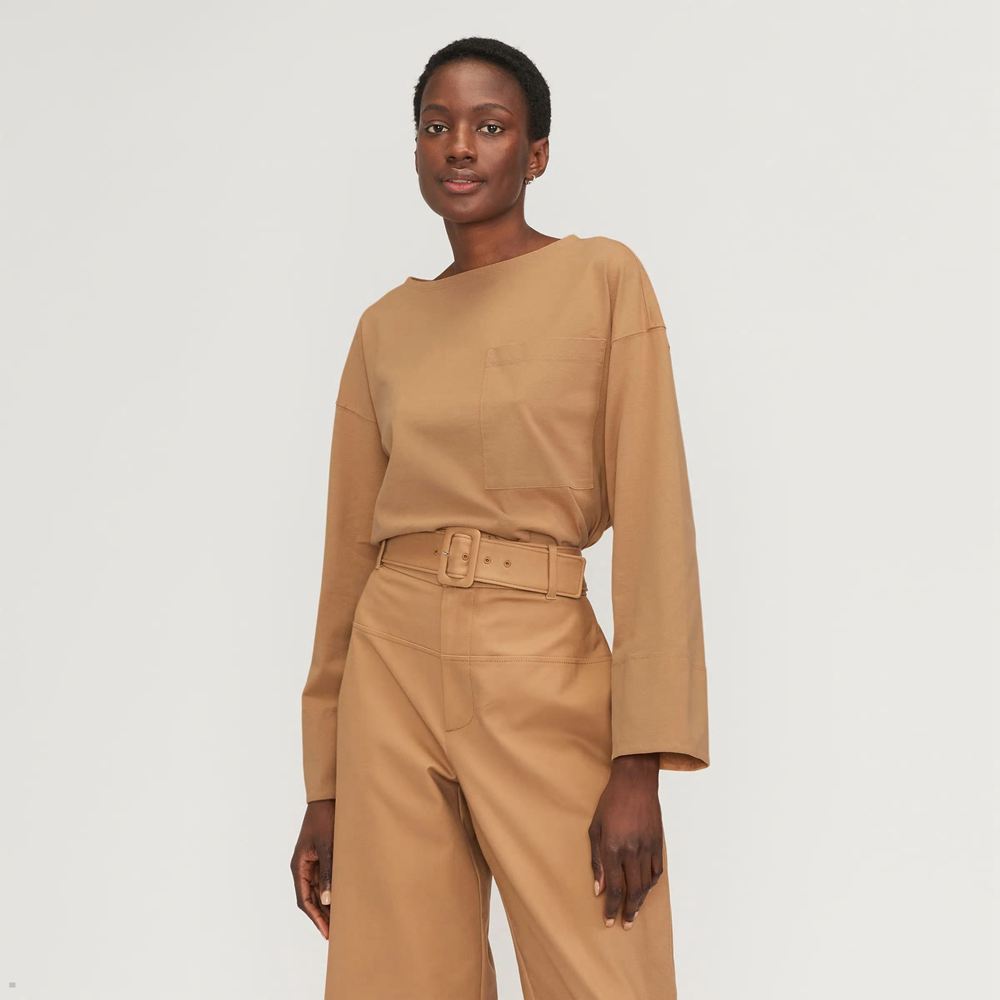 T Shirts Everlane The Premium Weight Oversized Pocket Marron Femme | KAR-65400016