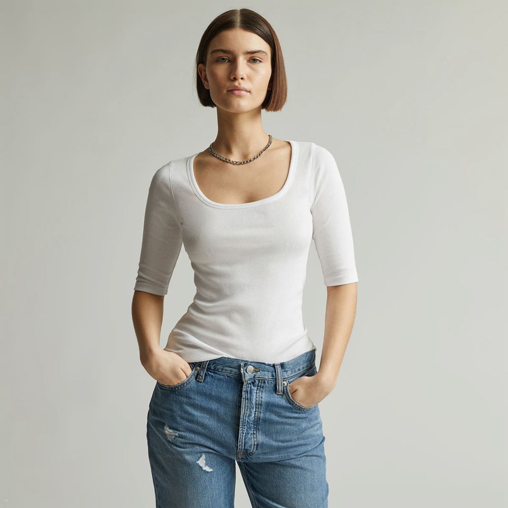 T Shirts Everlane The Pima Micro-Rib Scoop-Neck Blanche Femme | NDQ-20351369