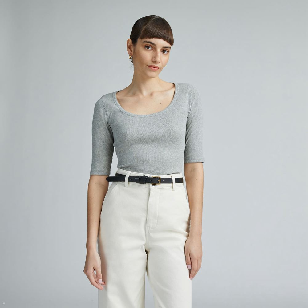 T Shirts Everlane The Pima Micro-Rib Scoop-Neck Grise Femme | KCY-71429198