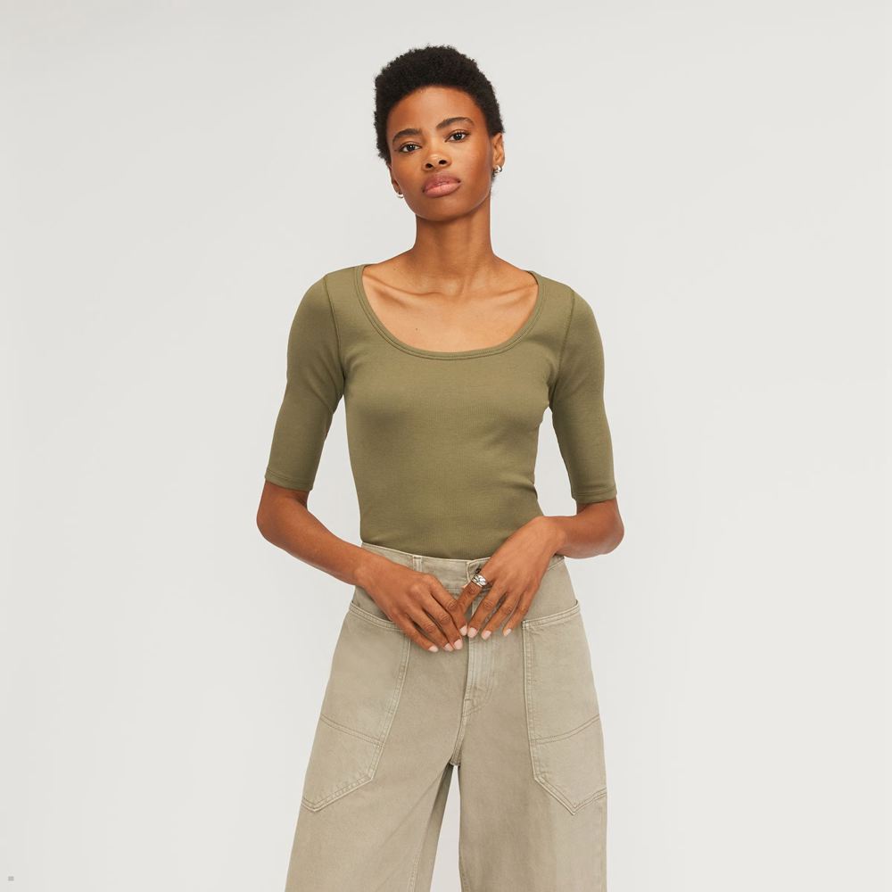 T Shirts Everlane The Pima Micro-Rib Scoop-Neck Vert Olive Femme | BYB-23835885