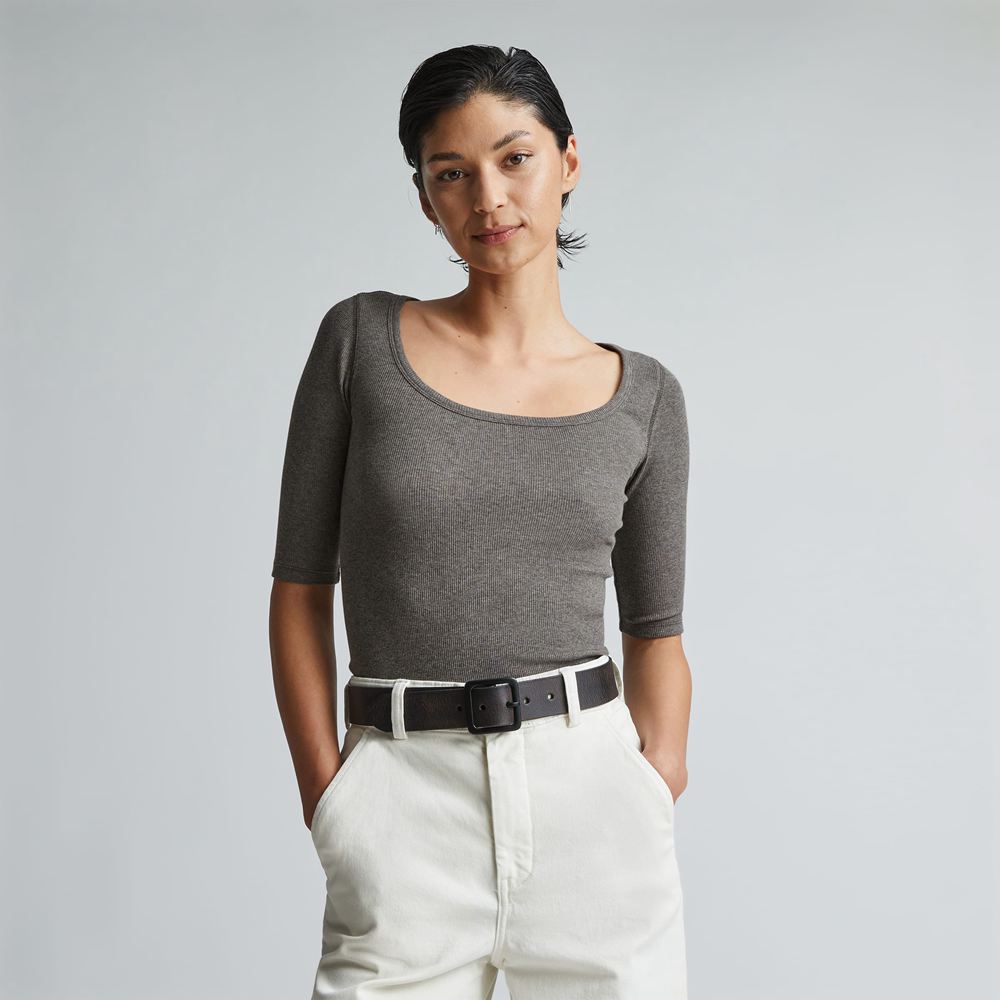 T Shirts Everlane The Pima Micro-Rib Scoop-Neck Grise Foncé Femme | JZF-80967340