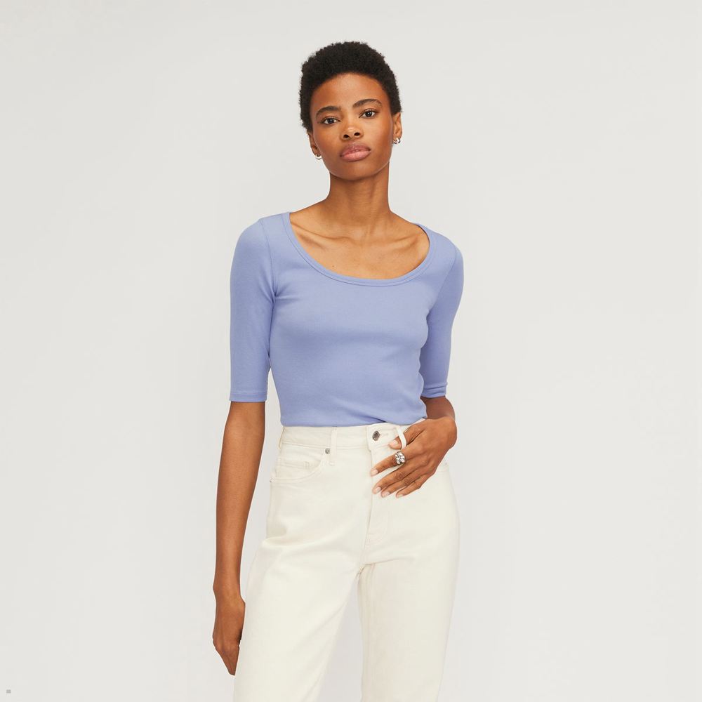 T Shirts Everlane The Pima Micro-Rib Scoop-Neck Bleu Femme | VRL-00352288