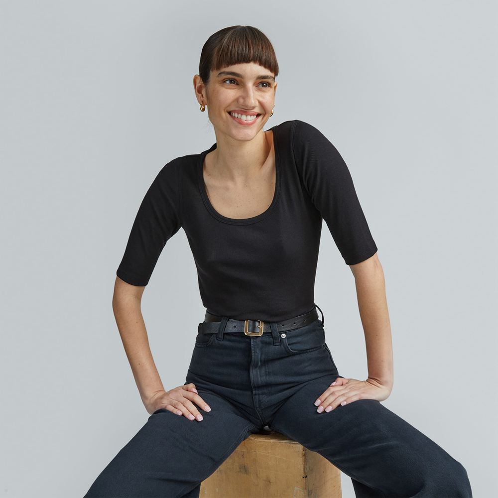 T Shirts Everlane The Pima Micro-Rib Scoop-Neck Noir Femme | MVX-84851729