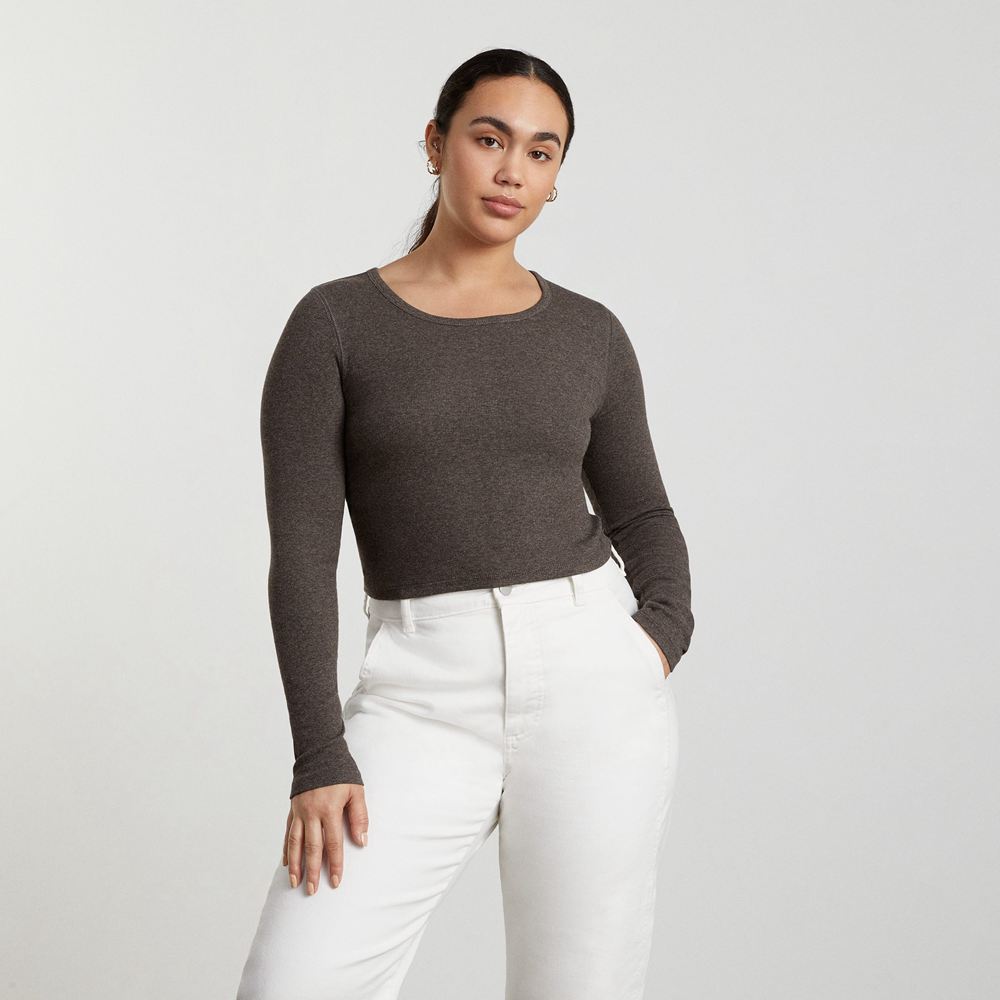 T Shirts Everlane The Pima Micro-Rib Cropped Long-Sleeve Crew Grise Foncé Femme | GMX-58383735