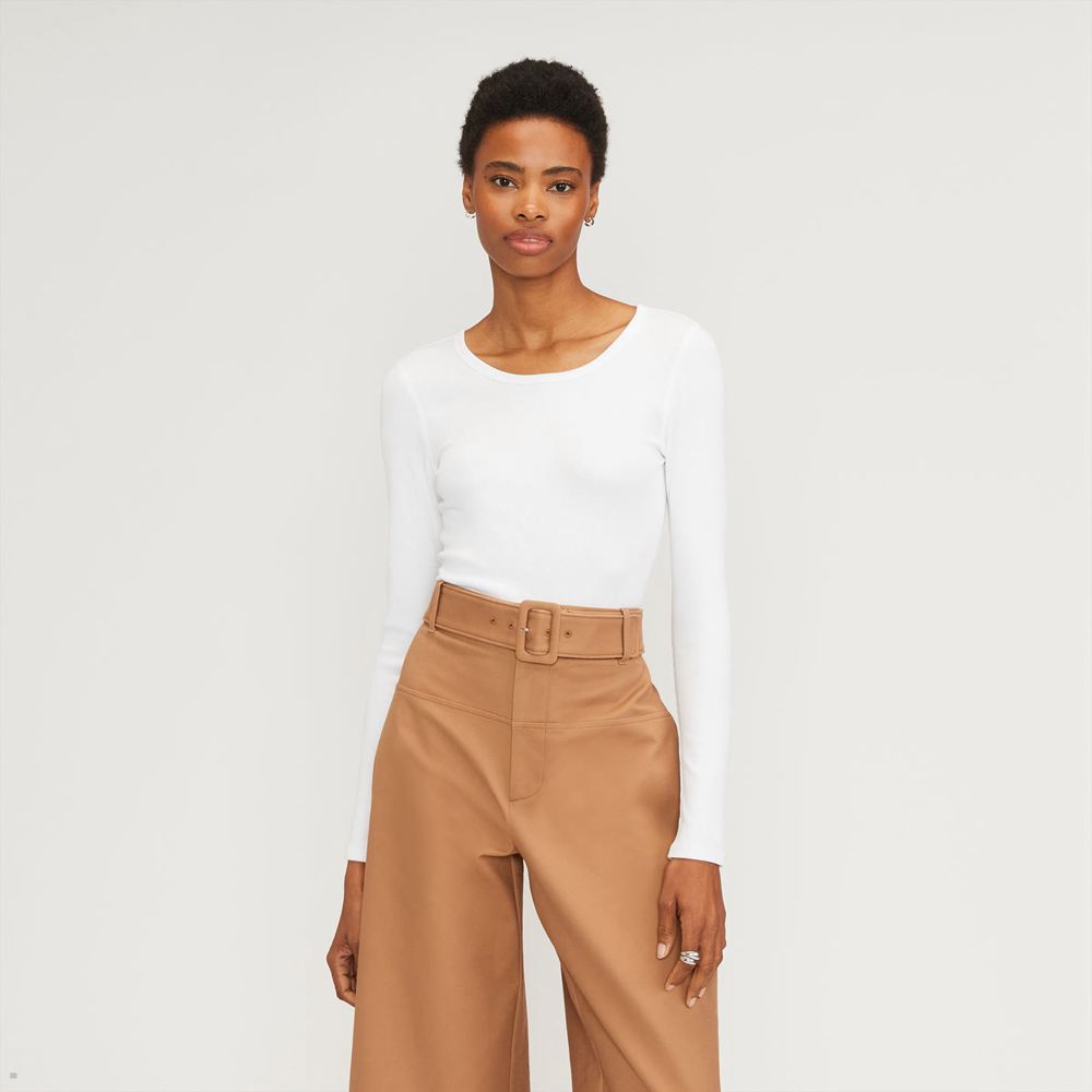 T Shirts Everlane The Pima Micro-Rib Cropped Long-Sleeve Crew Blanche Femme | NCQ-57630518