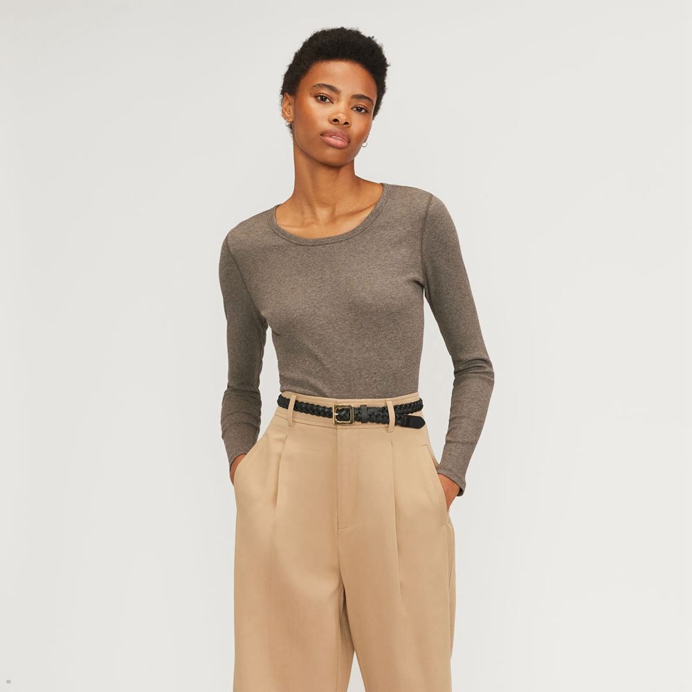 T Shirts Everlane The Pima Micro-Rib Cropped Long-Sleeve Crew Grise Foncé Femme | ADM-62476433