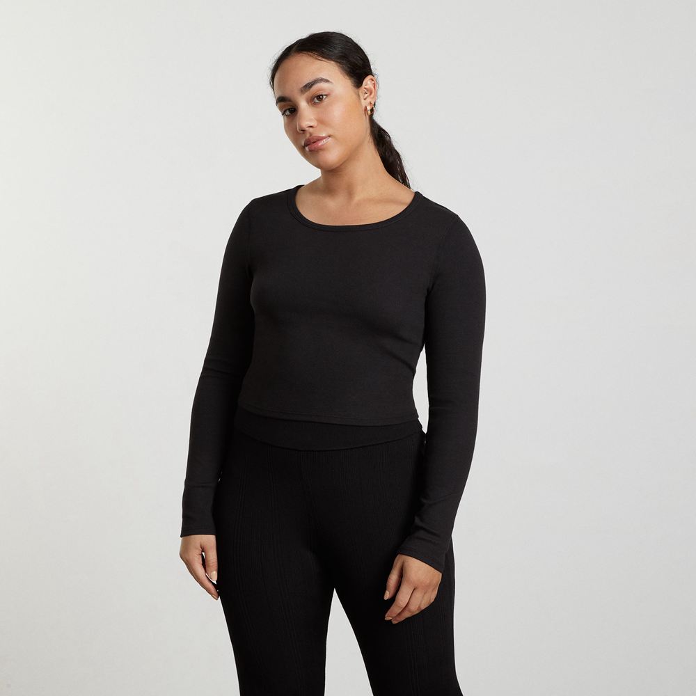 T Shirts Everlane The Pima Micro-Rib Cropped Long-Sleeve Crew Noir Femme | PNU-62561567