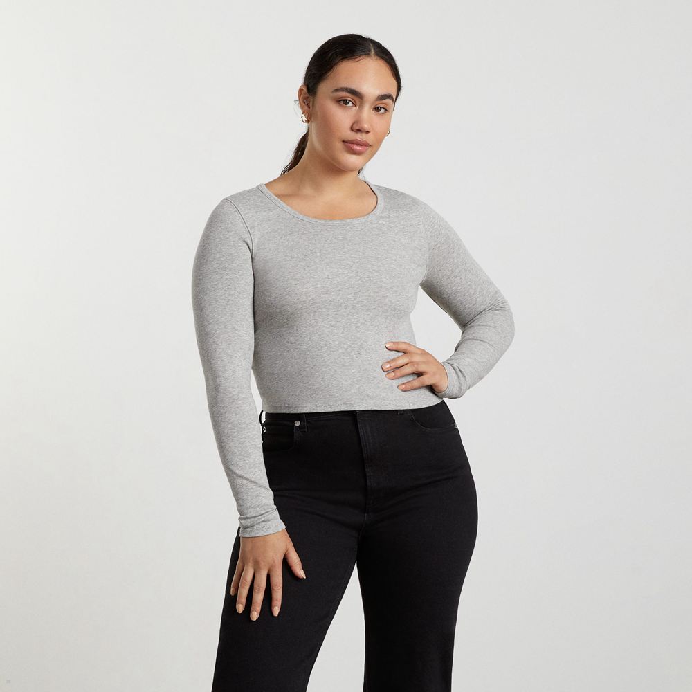 T Shirts Everlane The Pima Micro-Rib Cropped Long-Sleeve Crew Grise Femme | AMZ-39826742