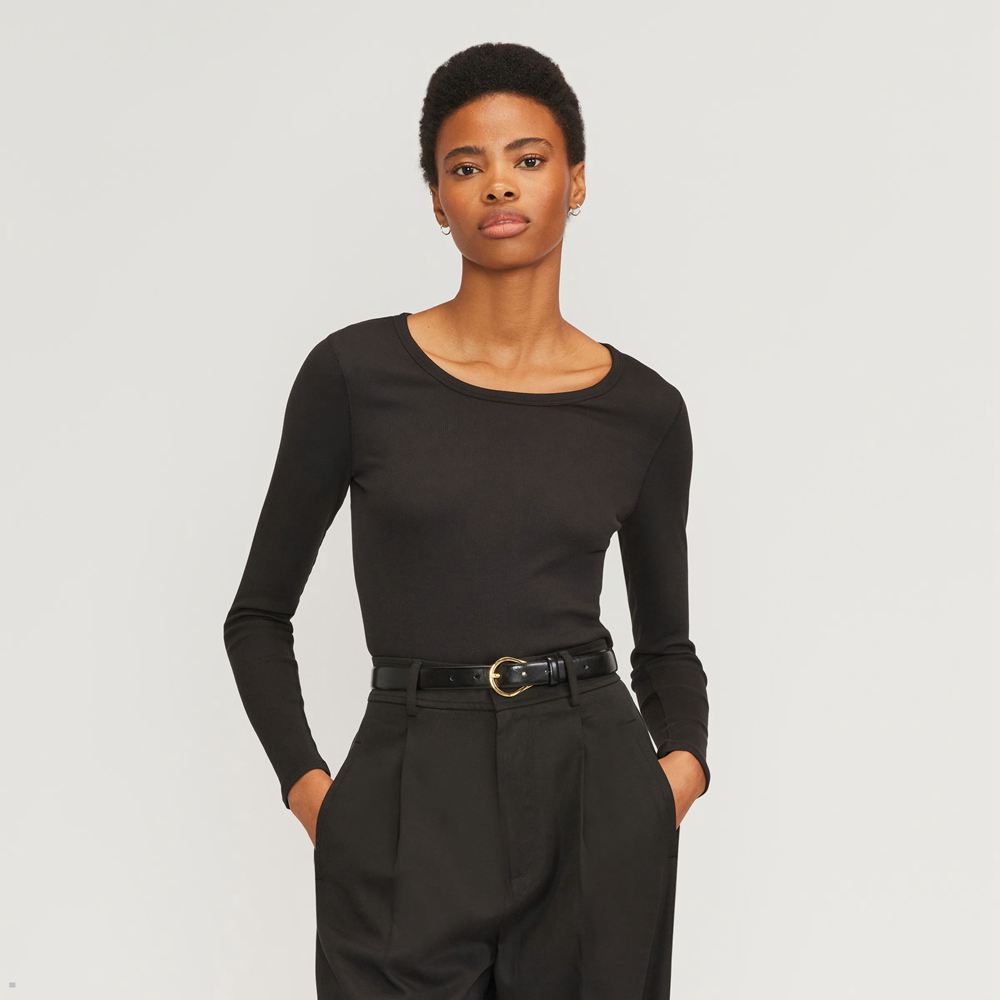 T Shirts Everlane The Pima Micro-Rib Cropped Long-Sleeve Crew Noir Femme | SYJ-25606109