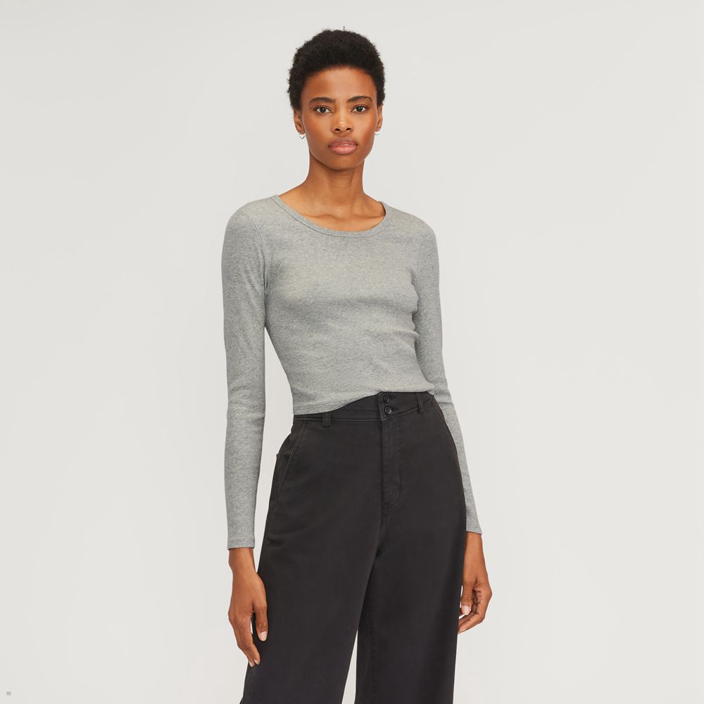 T Shirts Everlane The Pima Micro-Rib Cropped Long-Sleeve Crew Grise Femme | TIY-97265707