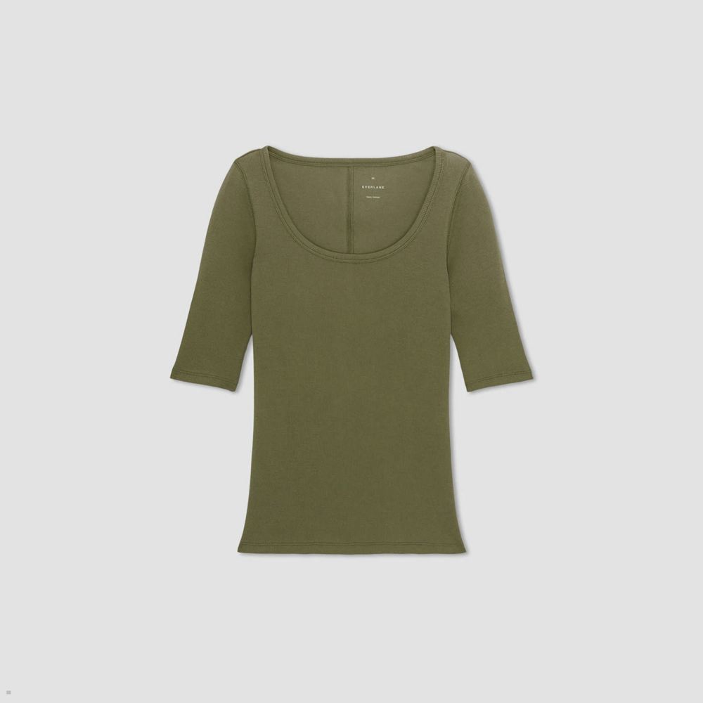 T Shirts Everlane The Pima Micro-Rib Crew Vert Olive Femme | PHH-85410259