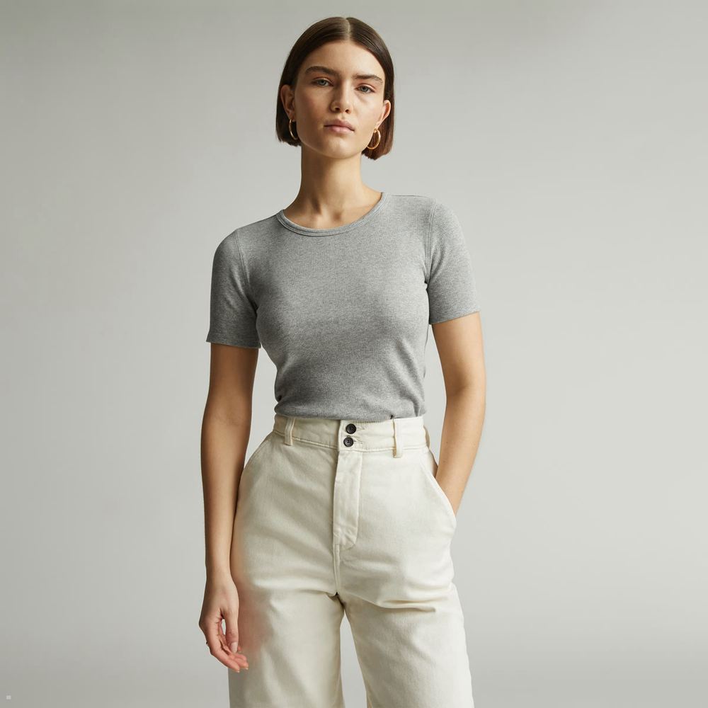 T Shirts Everlane The Pima Micro-Rib Crew Grise Femme | PTL-72191926