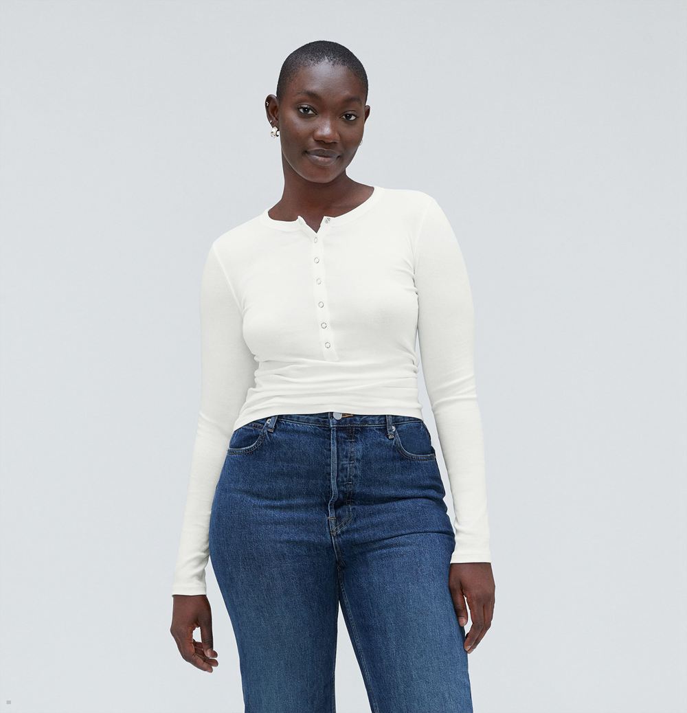 T Shirts Everlane The Pima Micro Rib Long-Sleeve Henley Blanche Femme | ESJ-51933808