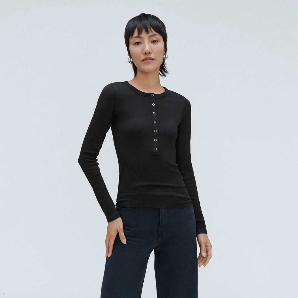 T Shirts Everlane The Pima Micro Rib Long-Sleeve Henley Noir Femme | WJE-71710790