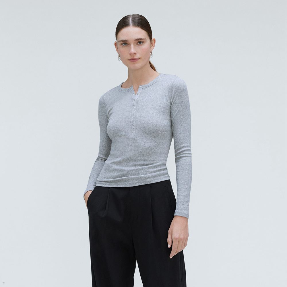 T Shirts Everlane The Pima Micro Rib Long-Sleeve Henley Grise Femme | LWL-92464226