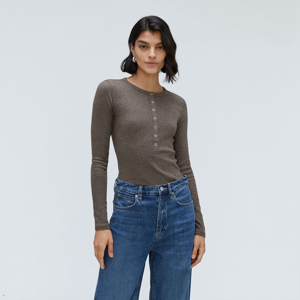 T Shirts Everlane The Pima Micro Rib Long-Sleeve Henley Grise Foncé Femme | DFY-04499912