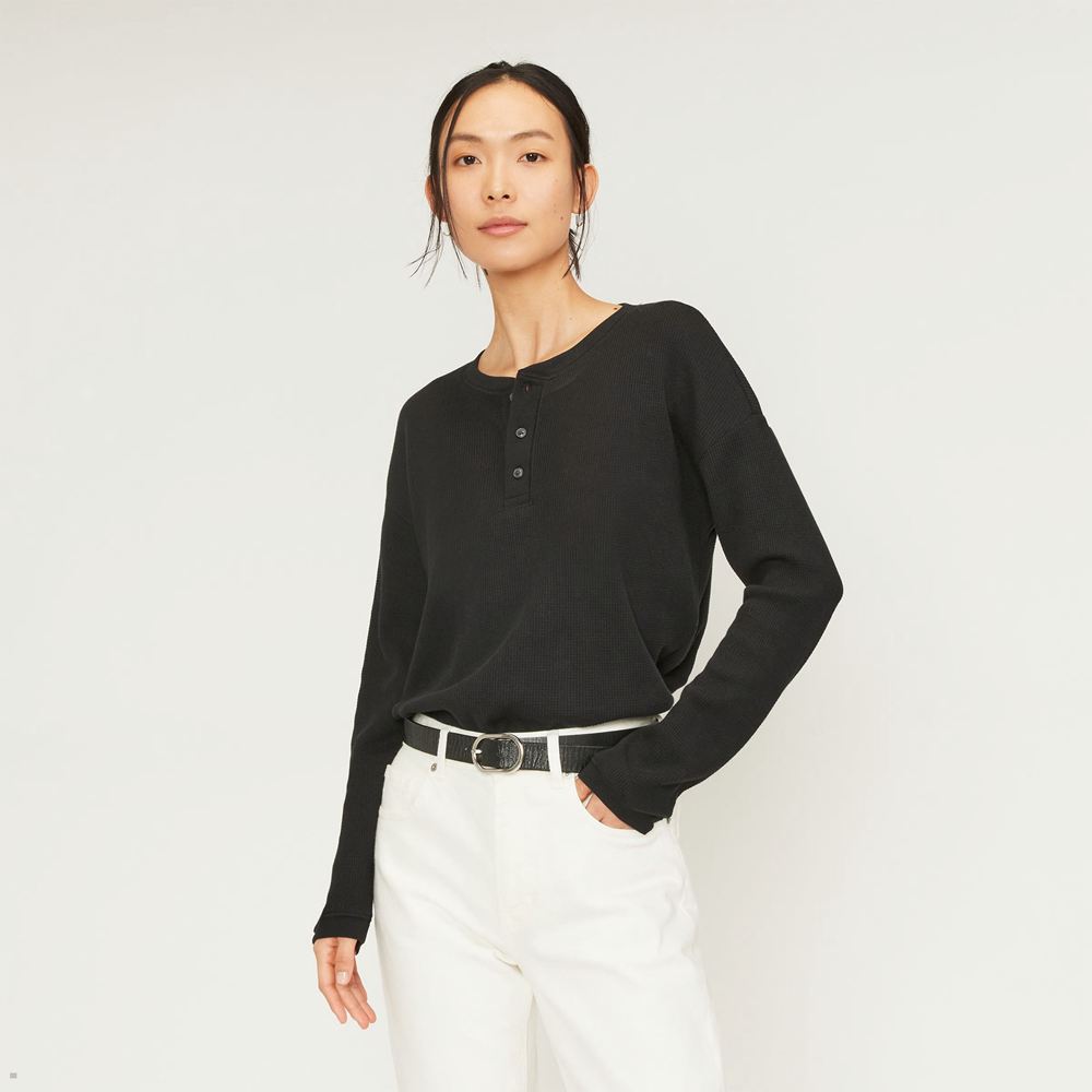 T Shirts Everlane The Organic Coton Waffle Henley Noir Femme | XVQ-59962489