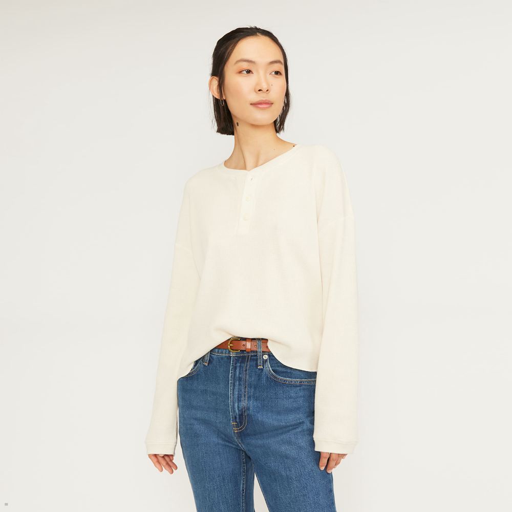 T Shirts Everlane The Organic Coton Waffle Henley Blanche Femme | VYQ-41499296