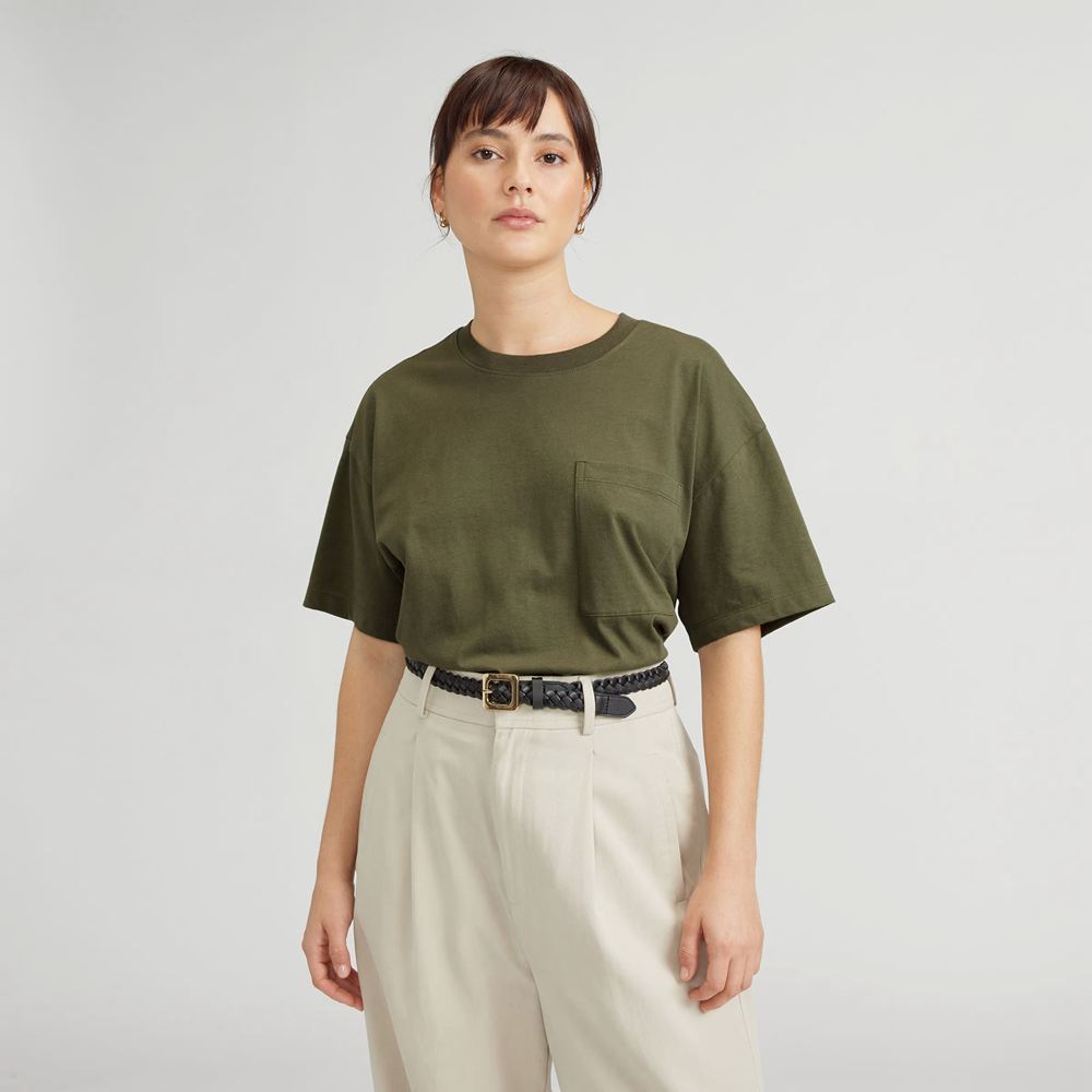 T Shirts Everlane The Organic Coton Relaxed Pocket Vert Olive Femme | NCB-06244680