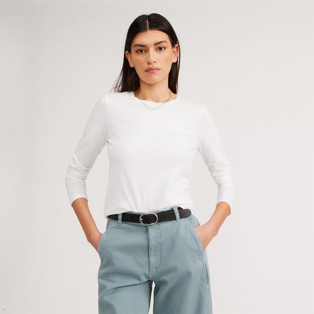 T Shirts Everlane The Organic Coton Long-Sleeve Crew Blanche Femme | LWR-58399205