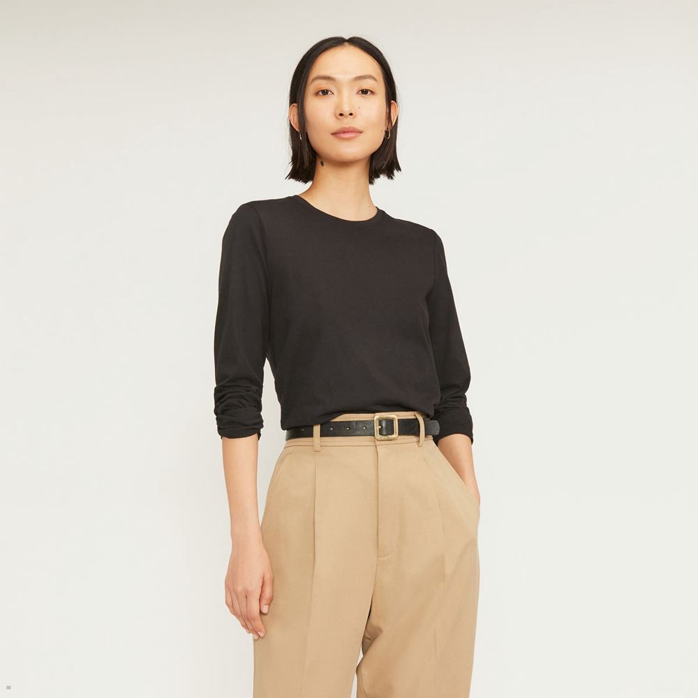 T Shirts Everlane The Organic Coton Long-Sleeve Crew Noir Femme | VMX-06104925