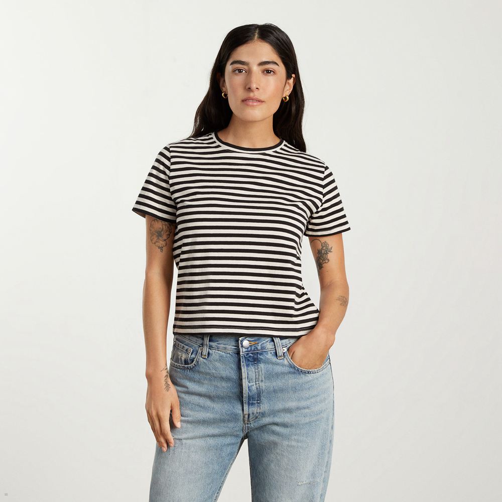 T Shirts Everlane The Organic Coton Box-Cut Noir Blanche Femme | ZQC-24297768