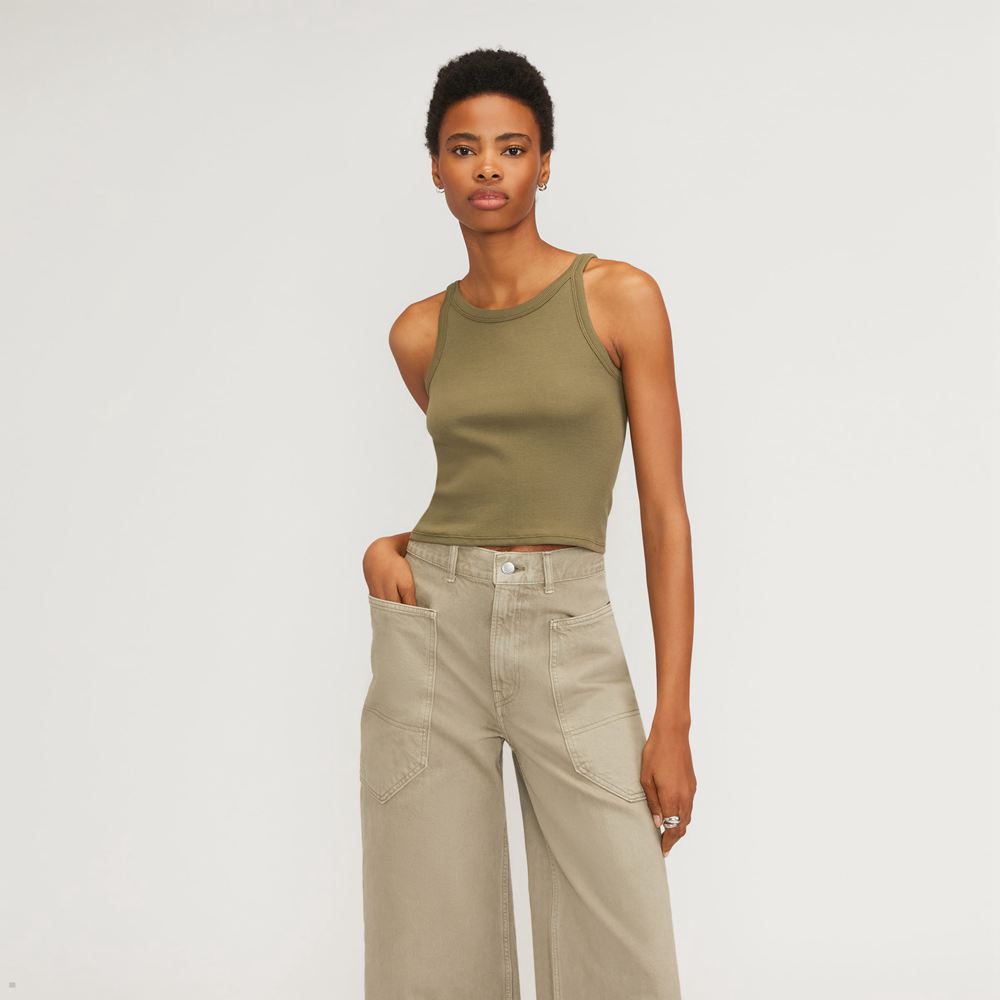 Debardeur Everlane The Pima Micro-Rib Corta Vert Olive Femme | JXF-32076580