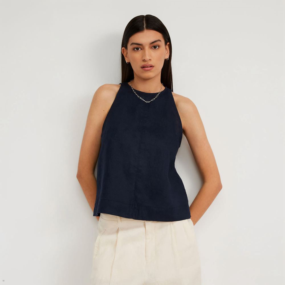 Debardeur Everlane The Linen High-Neck Bleu Marine Femme | PFF-19329932