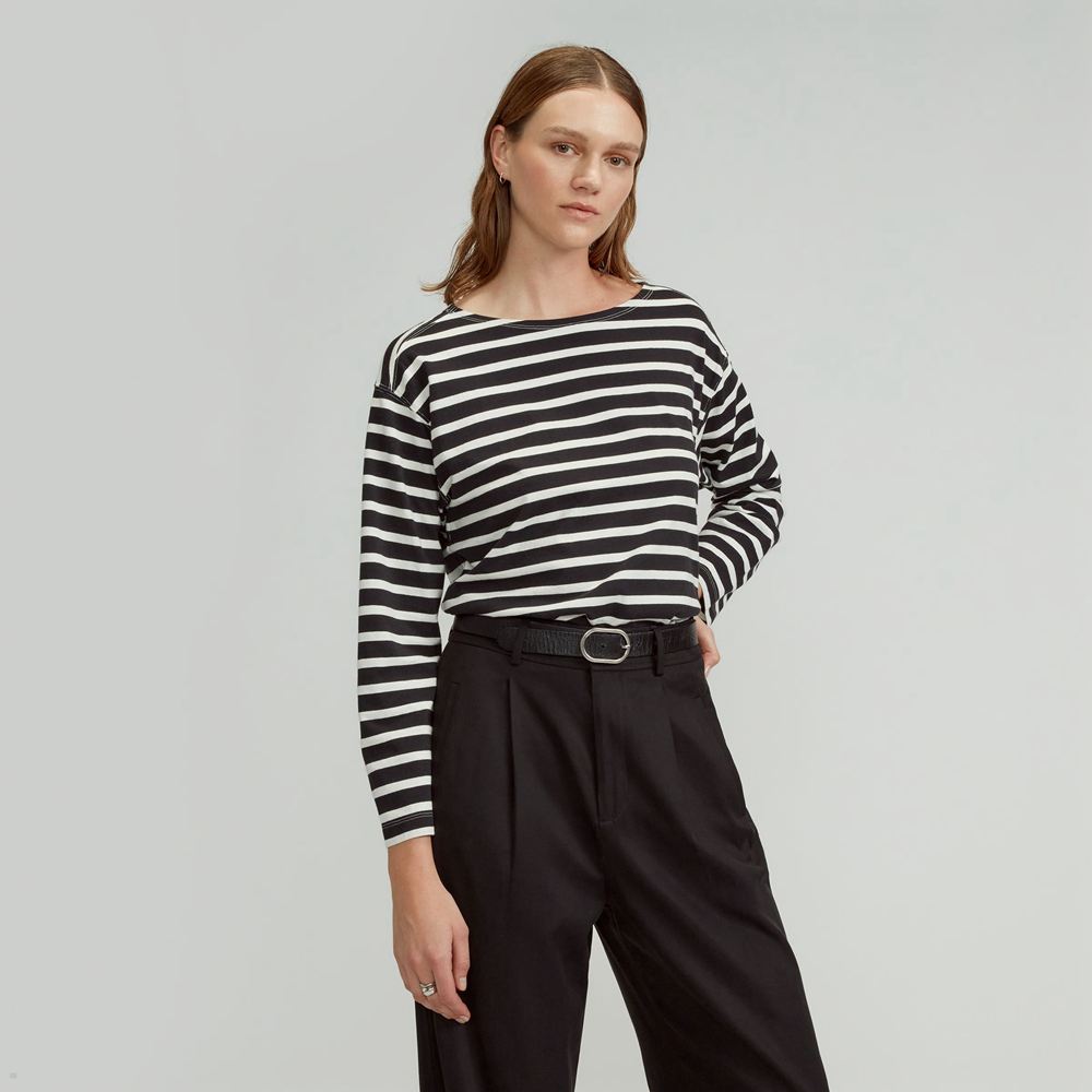 T Shirts Everlane The Modern Breton Noir Blanche Femme | ZMS-74862064