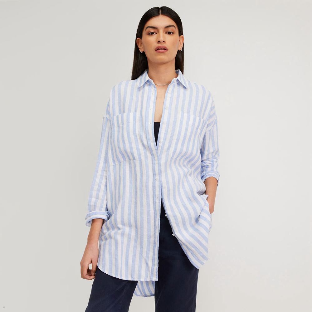 Chemises Everlane The Way-Long Linen Bleu Blanche Femme | XHP-42338118