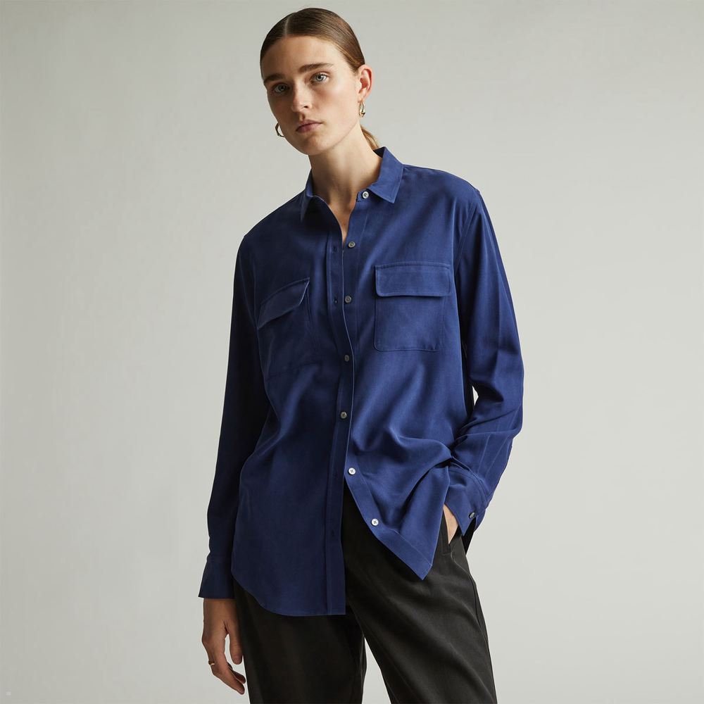 Chemises Everlane The Washable Silk Relaxed Bleu Marine Femme | NKL-86355381