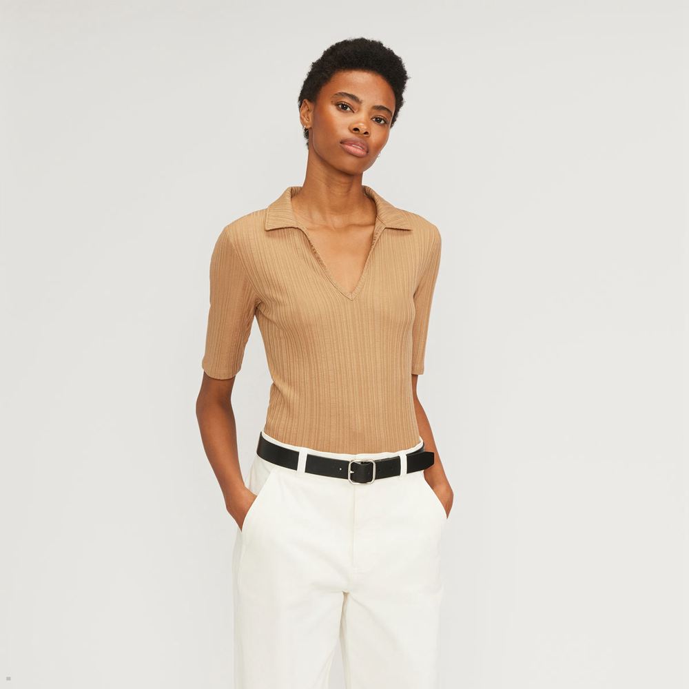 Chemises Everlane The Rib Soft Knit Open Collar Polo Marron Femme | WYS-16863748