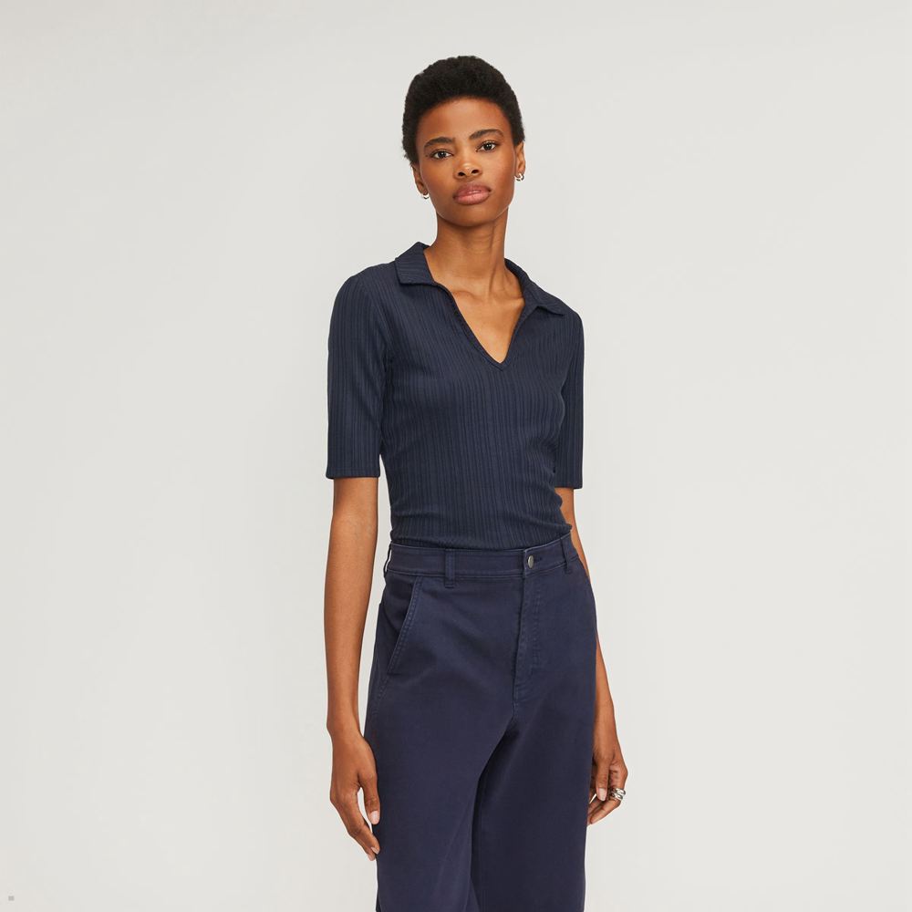 Chemises Everlane The Rib Soft Knit Open Collar Polo Bleu Marine Femme | FNT-29149491