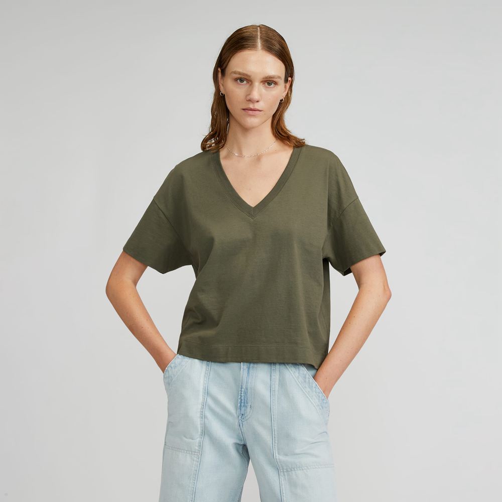 Chemises Everlane The Organic Coton Slouchy V-Neck Vert Olive Femme | XPV-52193564