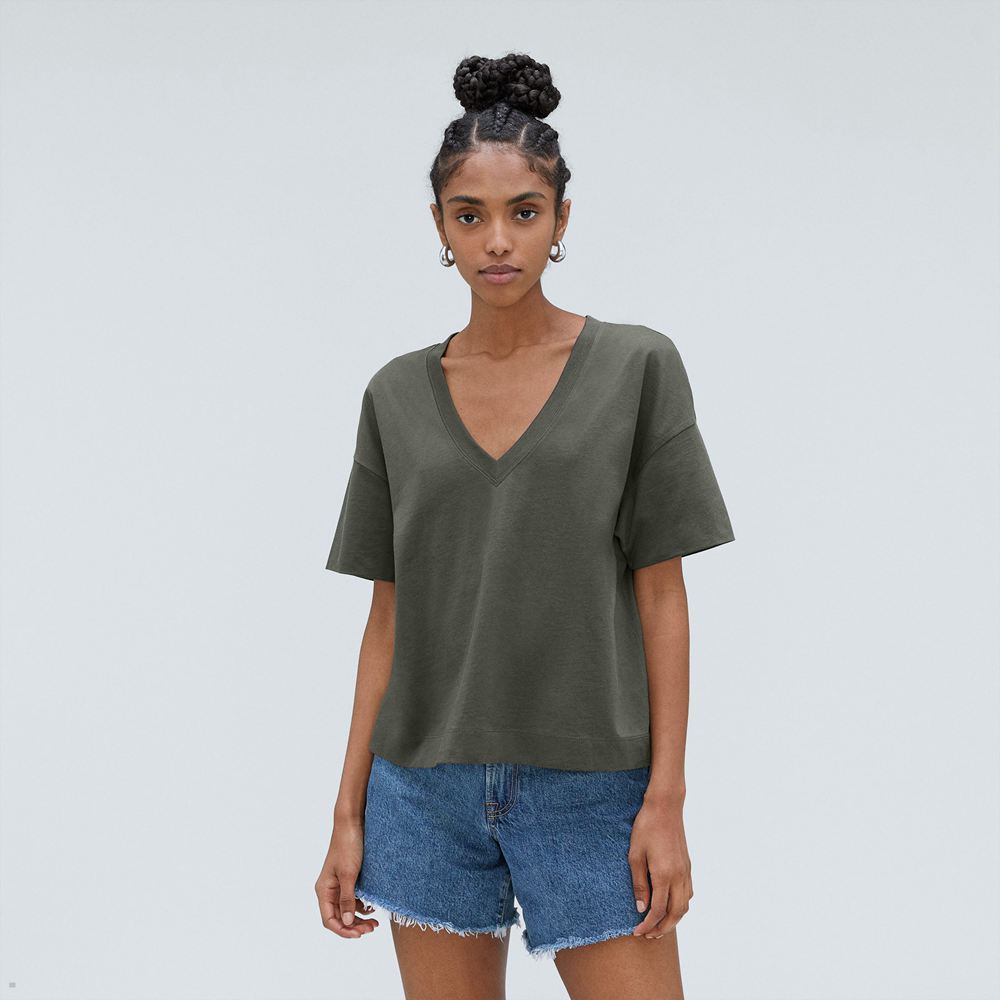 Chemises Everlane The Organic Coton Slouchy V-Neck Vert Olive Femme | XHE-79595065