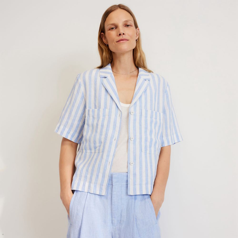 Chemises Everlane The Linen Workwear Bleu Blanche Femme | ADL-68954491