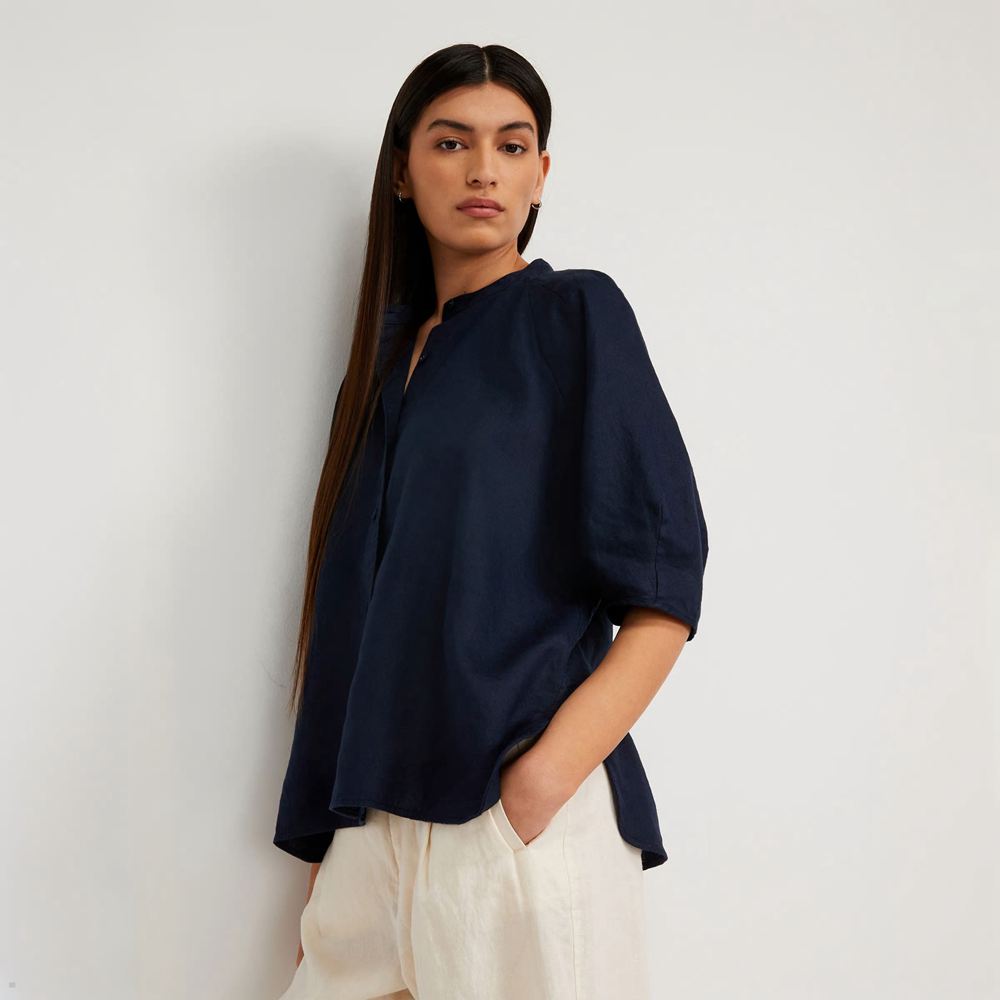 Chemises Everlane The Linen Puff Sleeve Bleu Marine Femme | SOQ-32583657