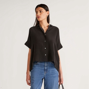 Chemises Everlane The Clean Silk Corta-Sleeve Square Noir Femme | LGA-55843396