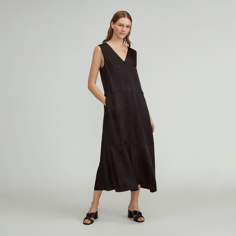 Peignoir Everlane The Satin V-Neck Maxi Noir Femme | NCS-11626357