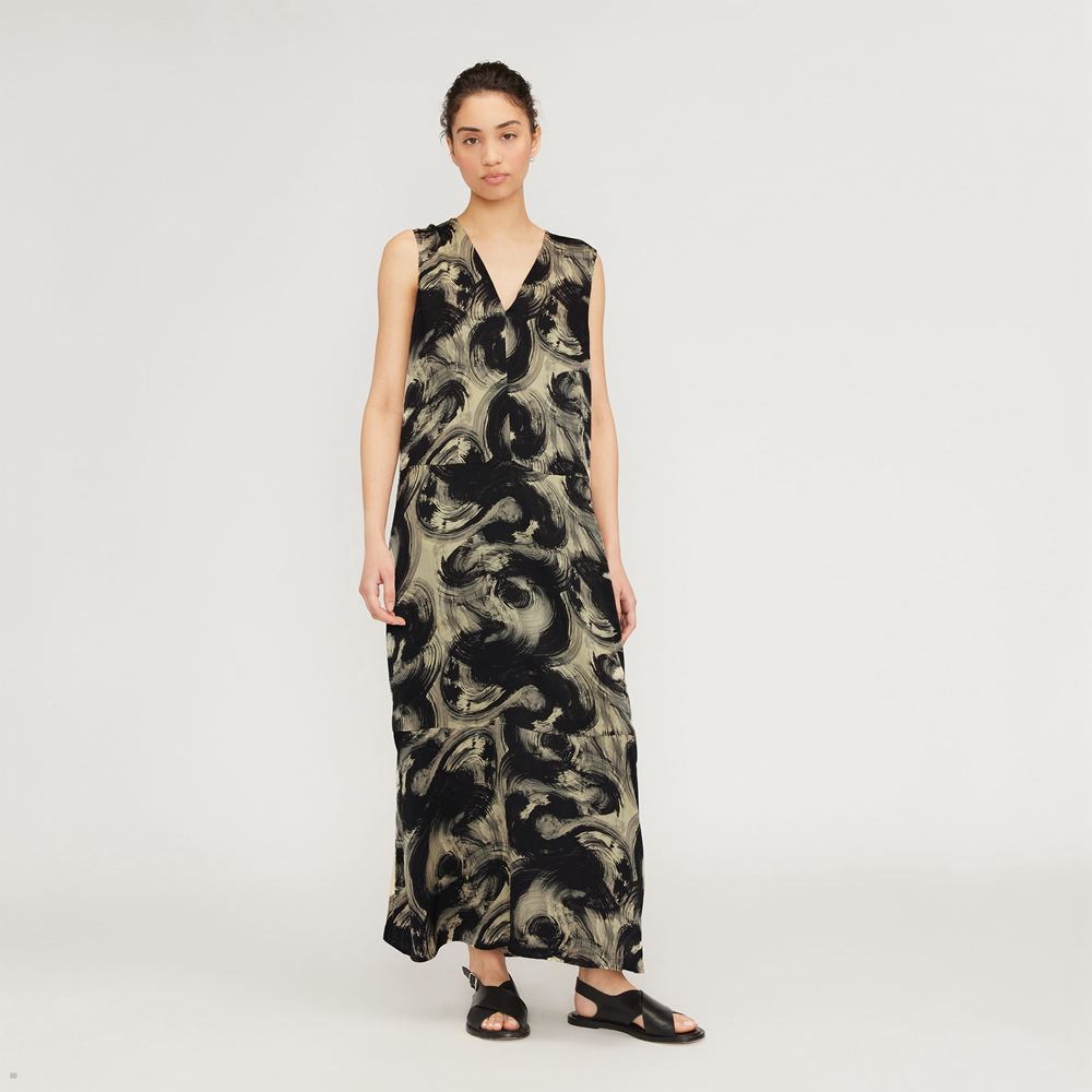 Peignoir Everlane The Satin V-Neck Maxi Jaune Noir Femme | DLN-60706500