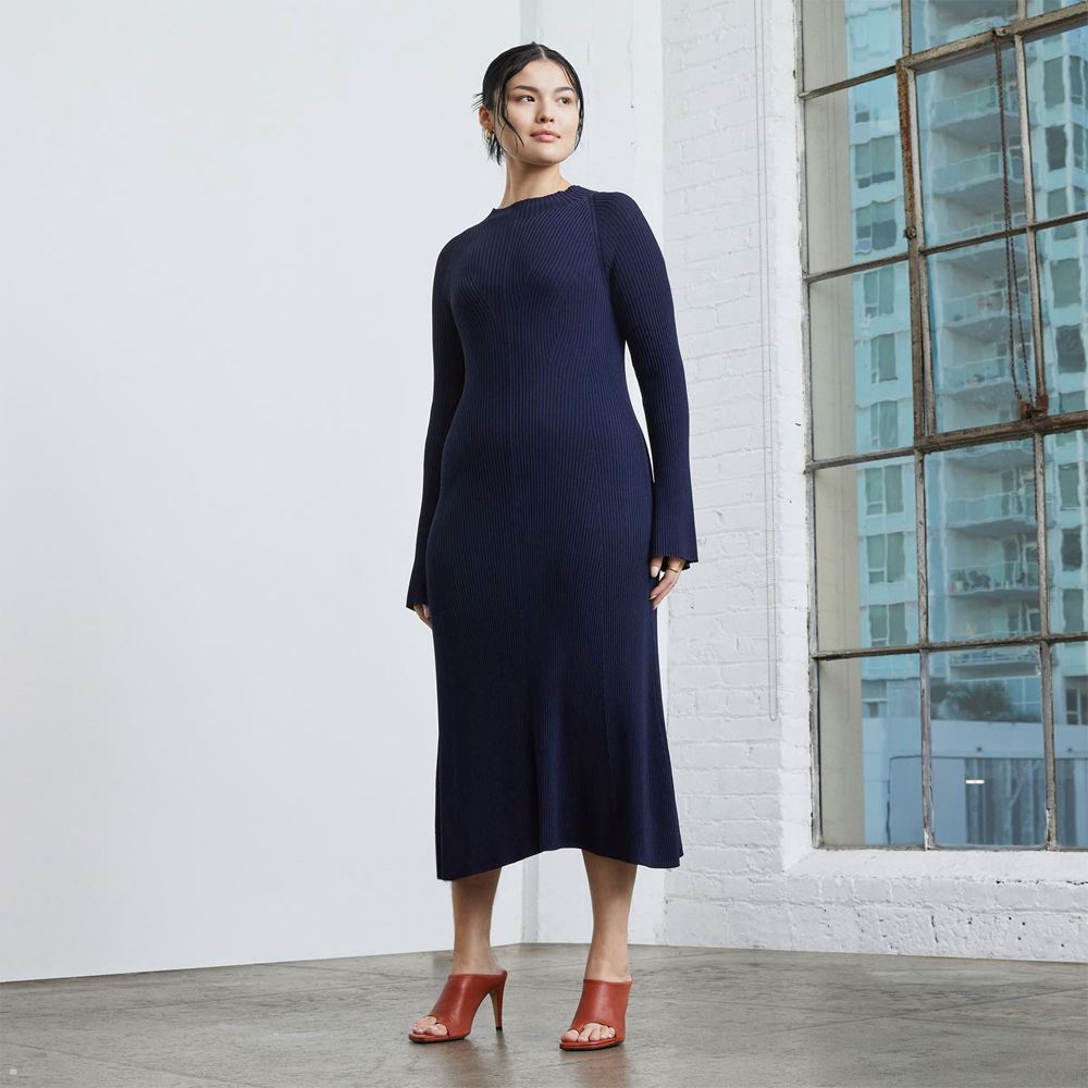 Peignoir Everlane The Nervuré Mock Neck Midi Bleu Marine Femme | AQG-70931134