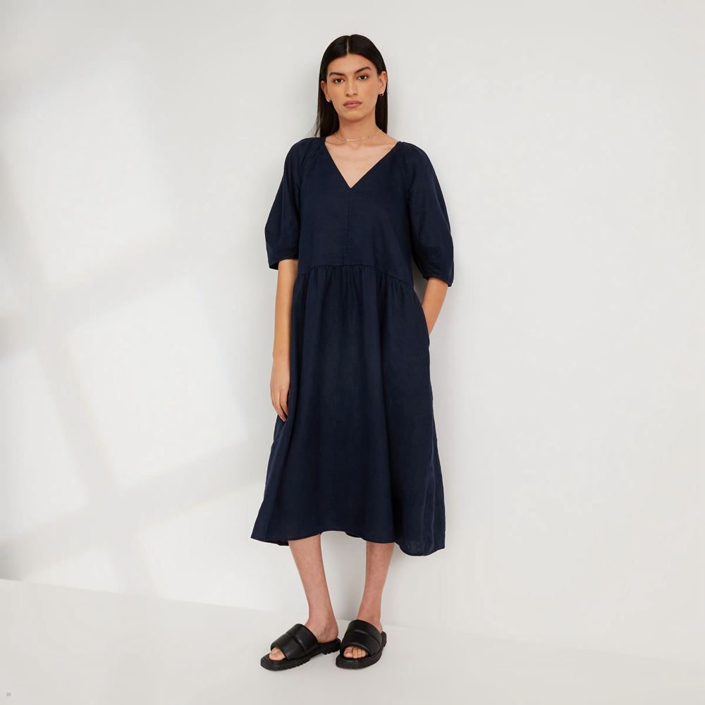 Peignoir Everlane The Linen Puff Sleeve Bleu Marine Femme | HAW-09133195