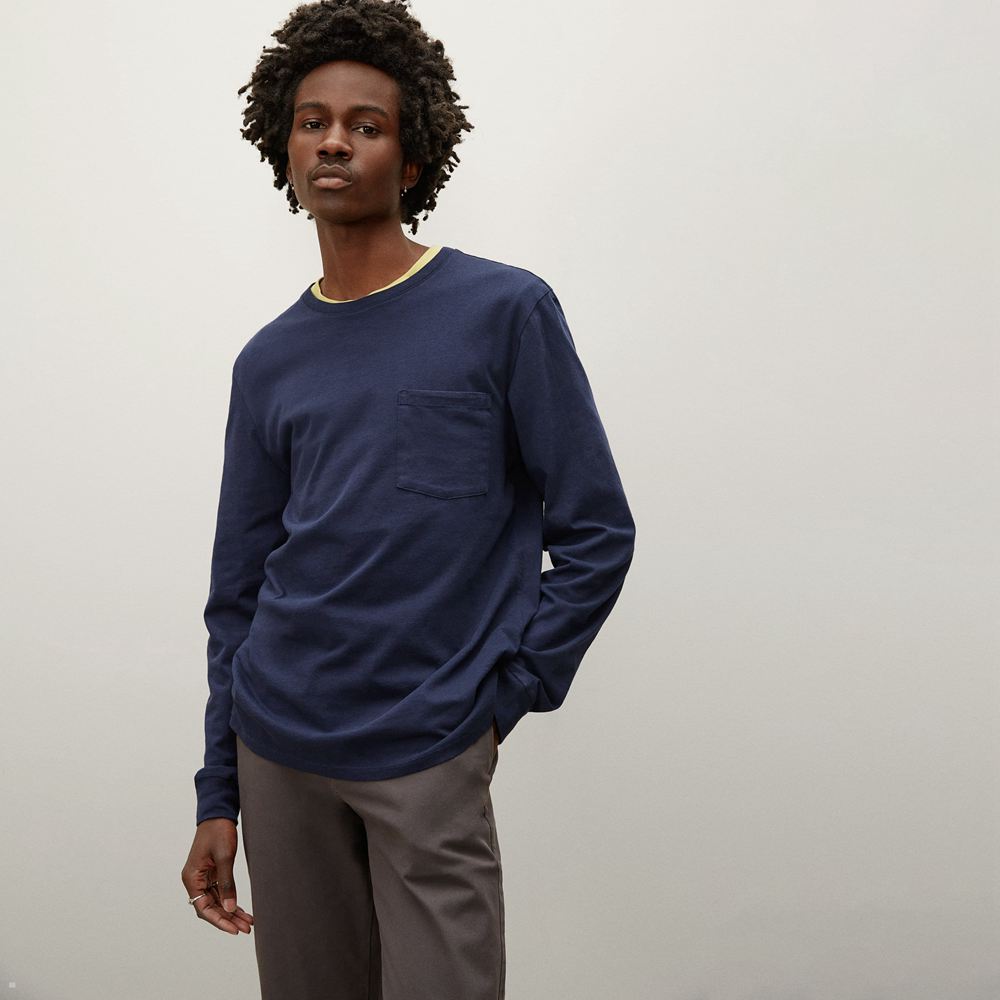 T Shirts Everlane The Organic Coton Long-Sleeve Pocket Bleu Marine Homme | UDJ-75842110