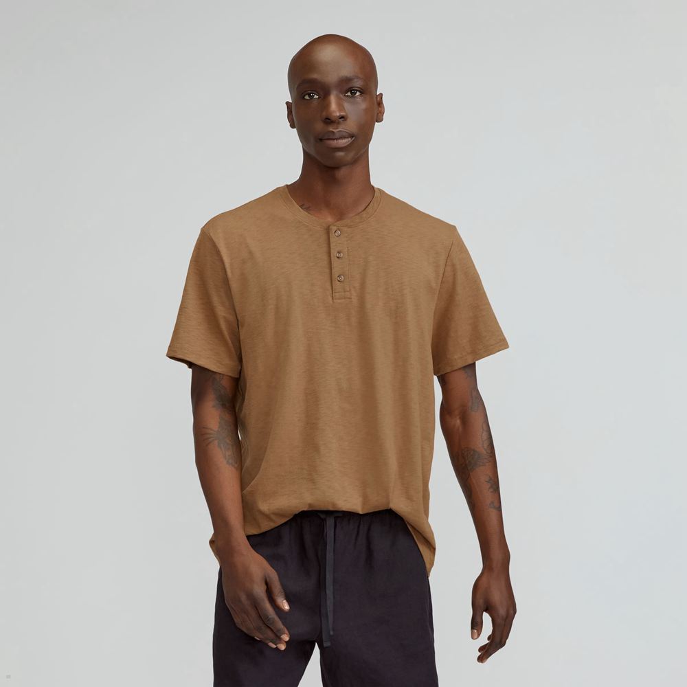 T Shirts Everlane The Good Earth Coton Slub Henley Marron Homme | XPV-99993002