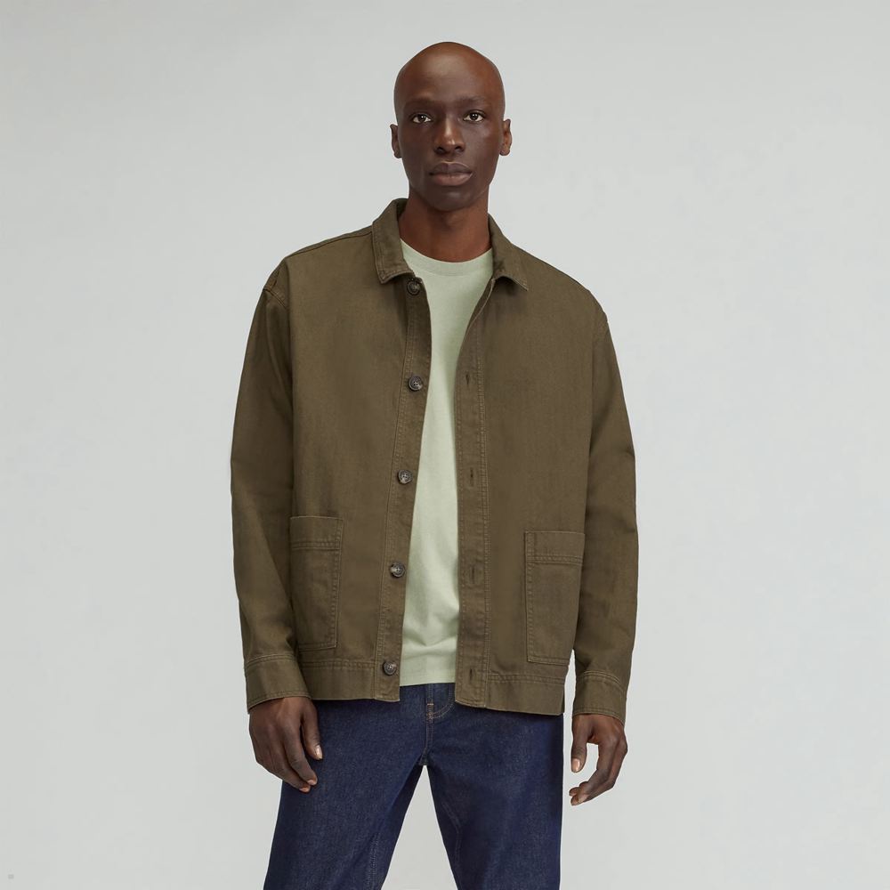 Vestes Everlane The Organic Coton Herringbone Utility Vert Olive Homme | EML-08985347